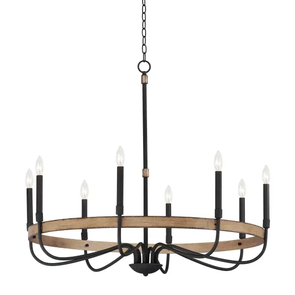 Rustic charm in an elegant, yet simple chandelier with warm distressed wood finishes and textured black metal arms. Black candle covers evoke wax candles to complete the classic and transitional appeal of this series. The flush mount features a satin white diffuser to soften the lamps within.