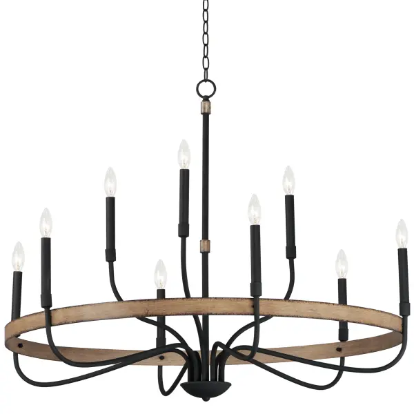 Rustic charm in an elegant, yet simple chandelier with warm distressed wood finishes and textured black metal arms. Black candle covers evoke wax candles to complete the classic and transitional appeal of this series. The flush mount features a satin white diffuser to soften the lamps within.
