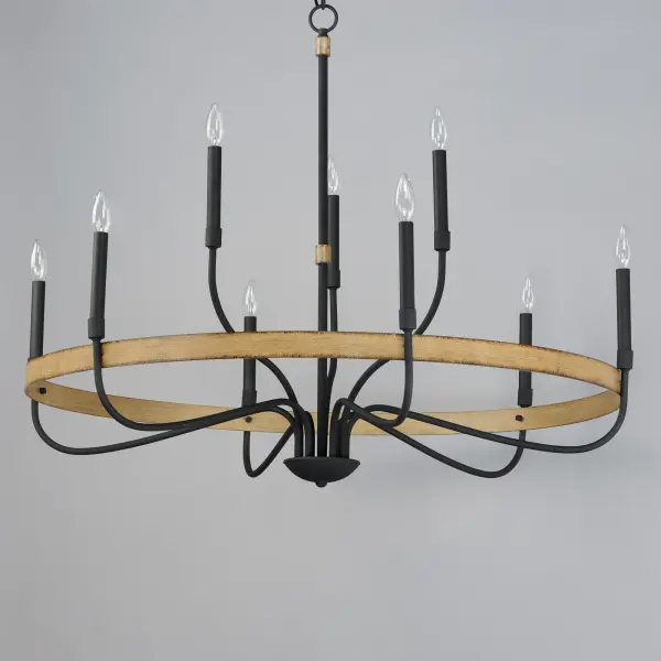 Rustic charm in an elegant, yet simple chandelier with warm distressed wood finishes and textured black metal arms. Black candle covers evoke wax candles to complete the classic and transitional appeal of this series. The flush mount features a satin white diffuser to soften the lamps within. - alternate view
