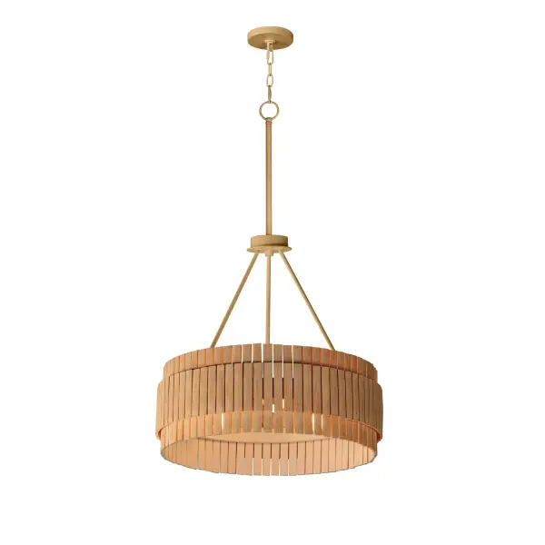 Crafted from sustainable bamboo, this lighting collection elevates the classic drum shade design with handcrafted, natural materials. The bamboo slats are thoughtfully spaced to allow light to filter through, creating a warm and inviting ambiance. Finished in a whitewashed, hand-brushed finish, both the pendant and coordinating sconce feature neutral tones that seamlessly complement a variety of interior styles. Collection: Satori Finish: Natural Aged Brass Width: 24.00" Height: 39.00" Length: 24.00" Weight: 15.73 lb Chain: 36" Wire: 120" Canopy: 5"x5"x0.75" Number of Bulbs: 3 Maximum Wattage: 60.00 W Bulb Base: E26 Medium Light Source: Incandescent Voltage: 120.00 V Material: Steel,Bamboo Safety Listing: cETLus Manufacturer Warranty: 3 Spec Sheet