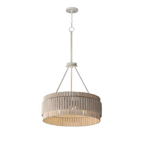 Crafted from sustainable bamboo, this lighting collection elevates the classic drum shade design with handcrafted, natural materials. The bamboo slats are thoughtfully spaced to allow light to filter through, creating a warm and inviting ambiance. Finished in a whitewashed, hand-brushed finish, both the pendant and coordinating sconce feature neutral tones that seamlessly complement a variety of interior styles. Collection: Satori Finish: Ecru Width: 24.00" Height: 39.00" Length: 24.00" Weight: 15.73 lb Chain: 36" Wire: 120" Canopy: 5"x5"x0.75" Number of Bulbs: 3 Maximum Wattage: 60.00 W Bulb Base: E26 Medium Light Source: Incandescent Voltage: 120.00 V Material: Steel,Bamboo Safety Listing: cETLus Manufacturer Warranty: 3 Spec Sheet