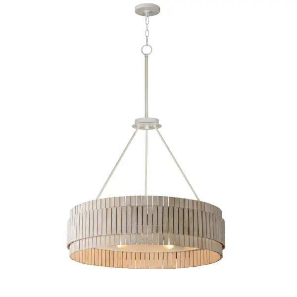Crafted from sustainable bamboo, this lighting collection elevates the classic drum shade design with handcrafted, natural materials. The bamboo slats are thoughtfully spaced to allow light to filter through, creating a warm and inviting ambiance. Finished in a whitewashed, hand-brushed finish, both the pendant and coordinating sconce feature neutral tones that seamlessly complement a variety of interior styles.