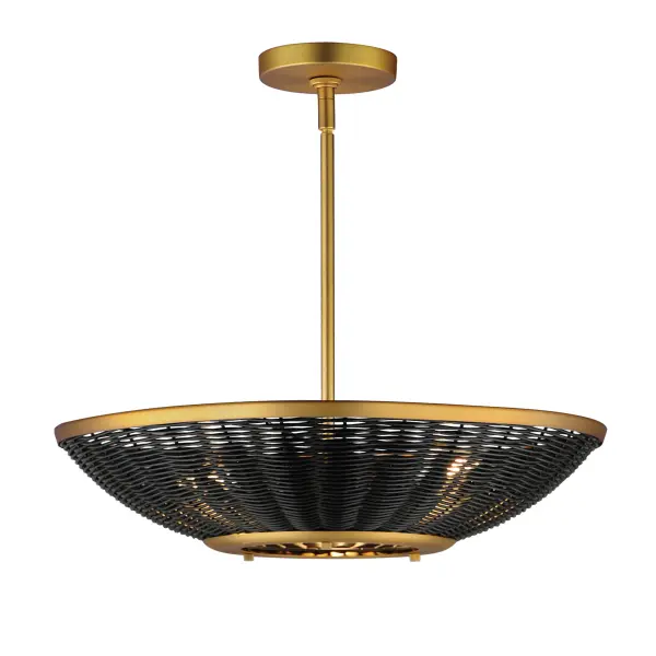Hand-woven rattan is blackened and configured into a series of pendants and a dual-purpose wall sconce and flush mount. The blackened rattan is contrasted by a frame in Natural Aged Brass that adds a dramatic styling to the natural material. The overall effect is nostalgic, coastal, and yet transitional with a variety of design aesthetics.