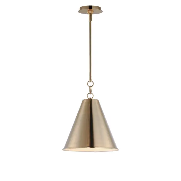 The iconic metal spun cone shade offers a transitional pendant design great as multiples over a kitchen island or dining table. Available in rich finishes including Heritage Brass, Satin Nickel, and Chestnut Bronze. All these shades are painted white on the interior for added luminosity and even light color. Collection: Veritas Finish: Heritage Width: 12.00" Height: 15.50" Length: 12.00" Weight: 1.95 lb Wire: 120" Canopy: 5.5"x5.5"x0.75" Number of Bulbs: 1 Maximum Wattage: 60.00 W Bulb Type: A19 Bulb Base: E26 Medium Light Source: Incandescent Dimmable Voltage: 120.00 V Material: Steel Safety Listing: cETLus Safety Rating: Dry Spec Sheet Instructions