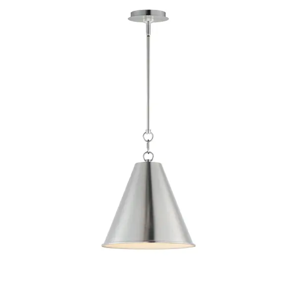 The iconic metal spun cone shade offers a transitional pendant design great as multiples over a kitchen island or dining table. Available in rich finishes including Heritage Brass, Satin Nickel, and Chestnut Bronze. All these shades are painted white on the interior for added luminosity and even light color. Collection: Veritas Finish: Satin Nickel Width: 12.00" Height: 15.50" Length: 12.00" Weight: 1.95 lb Wire: 120" Canopy: 5.5"x5.5"x0.75" Number of Bulbs: 1 Maximum Wattage: 60.00 W Bulb Type: A19 Bulb Base: E26 Medium Light Source: Incandescent Dimmable Voltage: 120.00 V Material: Steel Safety Listing: cETLus Safety Rating: Dry Spec Sheet Instructions