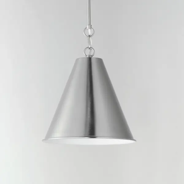 The iconic metal spun cone shade offers a transitional pendant design great as multiples over a kitchen island or dining table. Available in rich finishes including Heritage Brass, Satin Nickel, and Chestnut Bronze. All these shades are painted white on the interior for added luminosity and even light color. Collection: Veritas Finish: Satin Nickel Width: 12.00" Height: 15.50" Length: 12.00" Weight: 1.95 lb Wire: 120" Canopy: 5.5"x5.5"x0.75" Number of Bulbs: 1 Maximum Wattage: 60.00 W Bulb Type: A19 Bulb Base: E26 Medium Light Source: Incandescent Dimmable Voltage: 120.00 V Material: Steel Safety Listing: cETLus Safety Rating: Dry Spec Sheet Instructions - alternate view