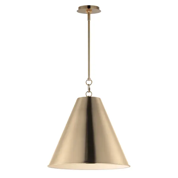The iconic metal spun cone shade offers a transitional pendant design great as multiples over a kitchen island or dining table. Available in rich finishes including Heritage Brass, Satin Nickel, and Chestnut Bronze. All these shades are painted white on the interior for added luminosity and even light color. Collection: Veritas Finish: Heritage Width: 18.00" Height: 19.50" Length: 18.00" Weight: 3.20 lb Wire: 120" Canopy: 5.5"x5.5"x0.75" Number of Bulbs: 1 Maximum Wattage: 60.00 W Bulb Type: A19 Bulb Base: E26 Medium Light Source: Incandescent Dimmable Voltage: 120.00 V Material: Steel Safety Listing: cETLus Safety Rating: Dry Spec Sheet Instructions