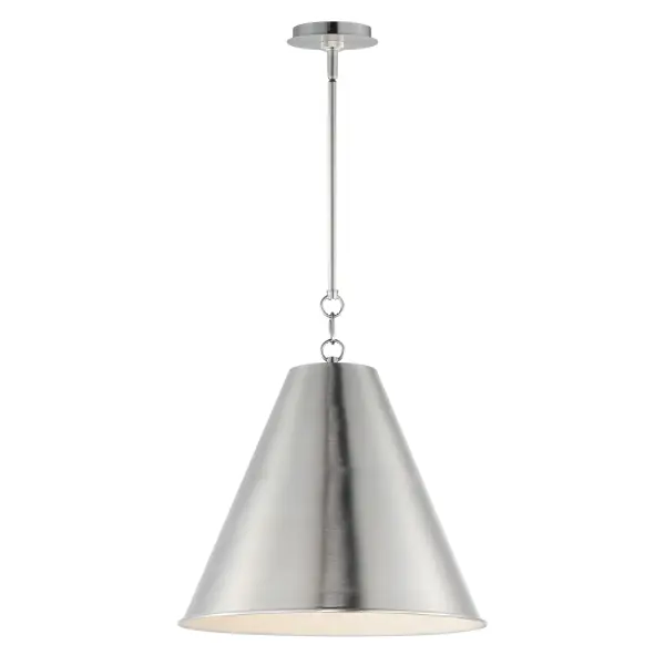 The iconic metal spun cone shade offers a transitional pendant design great as multiples over a kitchen island or dining table. Available in rich finishes including Heritage Brass, Satin Nickel, and Chestnut Bronze. All these shades are painted white on the interior for added luminosity and even light color. Collection: Veritas Finish: Satin Nickel Width: 18.00" Height: 19.50" Length: 18.00" Weight: 3.20 lb Wire: 120" Canopy: 5.5"x5.5"x0.75" Number of Bulbs: 1 Maximum Wattage: 60.00 W Bulb Type: A19 Bulb Base: E26 Medium Light Source: Incandescent Dimmable Voltage: 120.00 V Material: Steel Safety Listing: cETLus Safety Rating: Dry Spec Sheet Instructions
