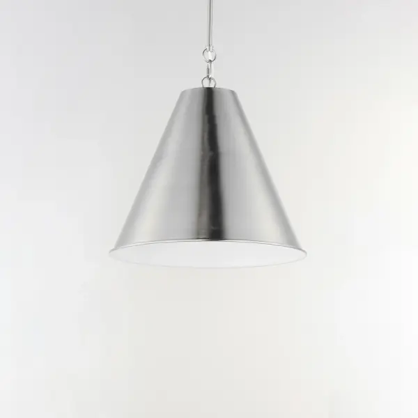The iconic metal spun cone shade offers a transitional pendant design great as multiples over a kitchen island or dining table. Available in rich finishes including Heritage Brass, Satin Nickel, and Chestnut Bronze. All these shades are painted white on the interior for added luminosity and even light color. Collection: Veritas Finish: Satin Nickel Width: 18.00" Height: 19.50" Length: 18.00" Weight: 3.20 lb Wire: 120" Canopy: 5.5"x5.5"x0.75" Number of Bulbs: 1 Maximum Wattage: 60.00 W Bulb Type: A19 Bulb Base: E26 Medium Light Source: Incandescent Dimmable Voltage: 120.00 V Material: Steel Safety Listing: cETLus Safety Rating: Dry Spec Sheet Instructions - alternate view