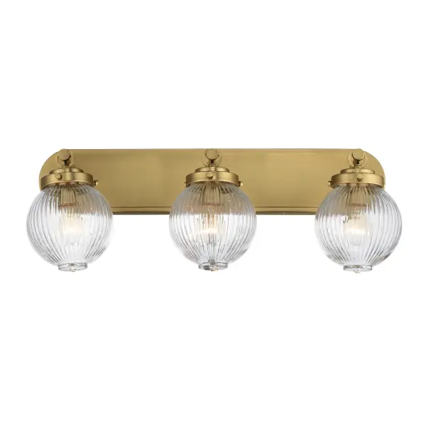 Nostalgic spherical glass volumes with a ribbed pattern and a dipped flat bottom, this collection offers a retro and eclectic choice for pendants and sconces. Available in Oil Rubbed Bronze, Satin Brass, and Satin Nickel, these fixtures provide elegant illumination, adding distinctive style to common spaces. Collection: Kasbah Finish: Satin Brass Glass: Clear Ribbed Width: 25.50" Height: 9.50" Weight: 7.56 lb Extension from Wall: 7.75" Wire: 8" Canopy: 4.5"x24" Number of Bulbs: 3 Maximum Wattage: 60.00 W Bulb Type: A19 Bulb Base: E26 Medium Light Source: Incandescent Dimmable Voltage: 120.00 V Material: Steel, Glass Safety Listing: cETLus Safety Rating: Damp Spec Sheet Instructions