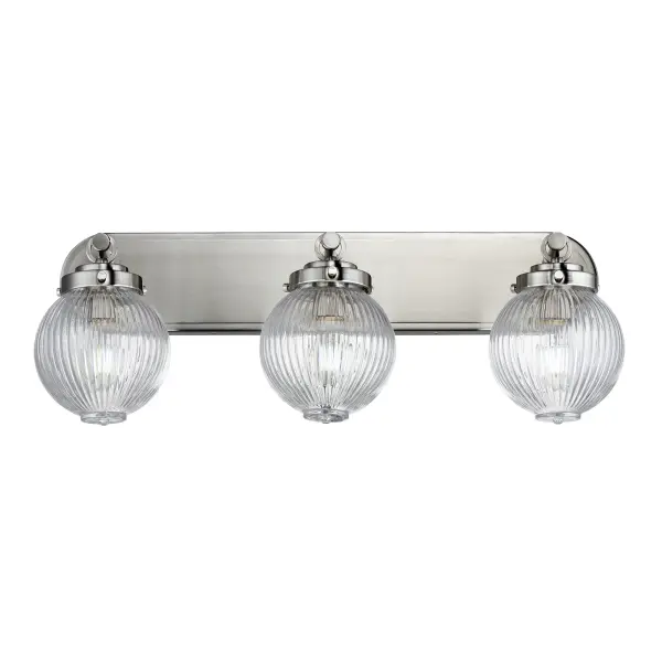 Nostalgic spherical glass volumes with a ribbed pattern and a dipped flat bottom, this collection offers a retro and eclectic choice for pendants and sconces. Available in Oil Rubbed Bronze, Satin Brass, and Satin Nickel, these fixtures provide elegant illumination, adding distinctive style to common spaces. Collection: Kasbah Finish: Satin Nickel Glass: Clear Ribbed Width: 25.50" Height: 9.50" Weight: 7.56 lb Extension from Wall: 7.75" Wire: 8" Canopy: 4.5"x24" Number of Bulbs: 3 Maximum Wattage: 60.00 W Bulb Type: A19 Bulb Base: E26 Medium Light Source: Incandescent Dimmable Voltage: 120.00 V Material: Steel, Glass Safety Listing: cETLus Safety Rating: Damp Spec Sheet Instructions