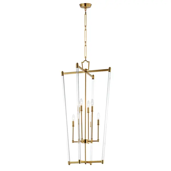 Unique and dramatic pendants are created using solid, Clear glass rods that fit into castings finished in Polished Nickel or Heritage Brass. The elongated forms are great for foyer spaces and stairways, while the sconces provide a chic accent to the space they are installed. Combining contemporary sleekness with classic styling, this collection complements a wide range of decor styles.