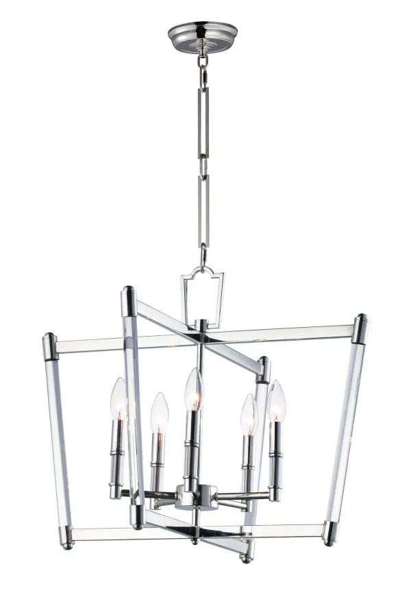 Unique and dramatic pendants are created using solid, Clear glass rods that fit into castings finished in Polished Nickel or Heritage Brass. The elongated forms are great for foyer spaces and stairways, while the sconces provide a chic accent to the space they are installed. Combining contemporary sleekness with classic styling, this collection complements a wide range of decor styles. Collection: Lucent Finish: Polished Nickel Glass: Clear Width: 23.25" Height: 18.25" Length: 23.25" Weight: 9.68 lb Chain: 36" Wire: 120" Canopy: 5"x5"x0.75" Number of Bulbs: 5 Maximum Wattage: 60.00 W Bulb Type: B10 Bulb Base: E12 Candelabra Light Source: Incandescent Dimmable Voltage: 120.00 V Material: Steel, Glass Safety Listing: cETLus Safety Rating: Dry Manufacturer Warranty: 1 Spec Sheet Instructions Parts Diagram