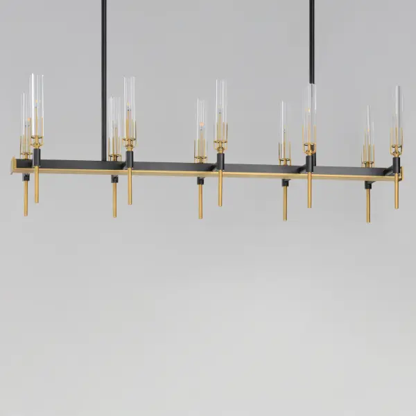 Dramatic and opulent, light sources shine through exquisite Clear scalloped glass hurricane shades as they seemingly float on unique metal prongs finished in Antique Brass. The brass accents are contrasted with a Black frame configured in cascading pendant forms, classically tiered chandeliers and elongated individual pendants. The expansive variety of configurations present a configuration for all the interior spaces of a home, be it over dining tables or used in the entry, kitchen, or over the vanity.  The collection also includes ADA wall sconces that are left and right oriented for symmetrical installations bedside or beside a mirror. - alternate view