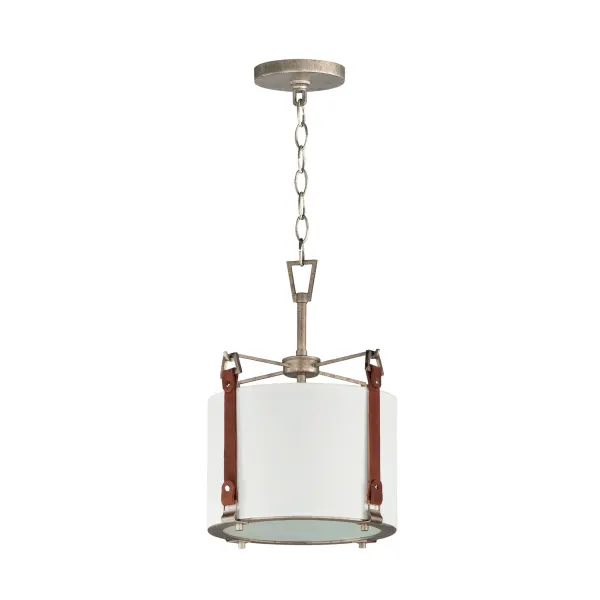 Inspired by the artist enclave north of San Francisco, pastoral elements influence this series of drum shades. Stirrup-like hooks support genuine suede straps in a Tobacco Brown finish which in turn suspend drum shades in an Off-white linen fabric. Metalwork in a hand-applied Weathered Zinc finish frame the frosted glass diffuser at the bottom to softly diffuse the lighting within. Head out West with this rustic, yet refined design.