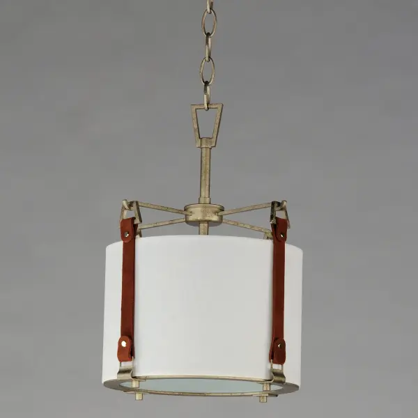 Inspired by the artist enclave north of San Francisco, pastoral elements influence this series of drum shades. Stirrup-like hooks support genuine suede straps in a Tobacco Brown finish which in turn suspend drum shades in an Off-white linen fabric. Metalwork in a hand-applied Weathered Zinc finish frame the frosted glass diffuser at the bottom to softly diffuse the lighting within. Head out West with this rustic, yet refined design. - alternate view