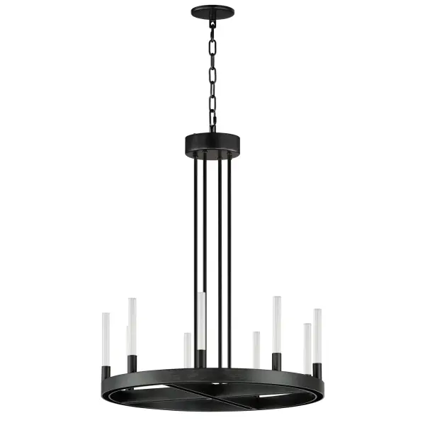A modern tribute to the wheel chandelier, the Ovation collection integrates LED technology for a dazzling lighting effect. The LED light produces a shimmering lighting effect along the tall and narrow fluted glass shades adding celebratory effervescence. The expansive diameters of the rings join at the center in equipoise using four down rods to suspend the frame. Mount the chandelier from the collector or make use of additional chain supplied to extend the height with ease. Additional sconces with up and down lighting complete the design. Available in Brushed Brass or Black, the collection toasts a classic design creating an elegant statement.