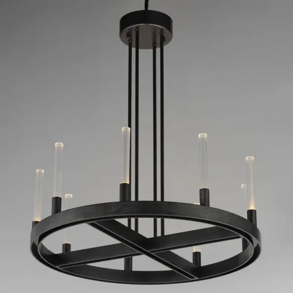 A modern tribute to the wheel chandelier, the Ovation collection integrates LED technology for a dazzling lighting effect. The LED light produces a shimmering lighting effect along the tall and narrow fluted glass shades adding celebratory effervescence. The expansive diameters of the rings join at the center in equipoise using four down rods to suspend the frame. Mount the chandelier from the collector or make use of additional chain supplied to extend the height with ease. Additional sconces with up and down lighting complete the design. Available in Brushed Brass or Black, the collection toasts a classic design creating an elegant statement. - alternate view