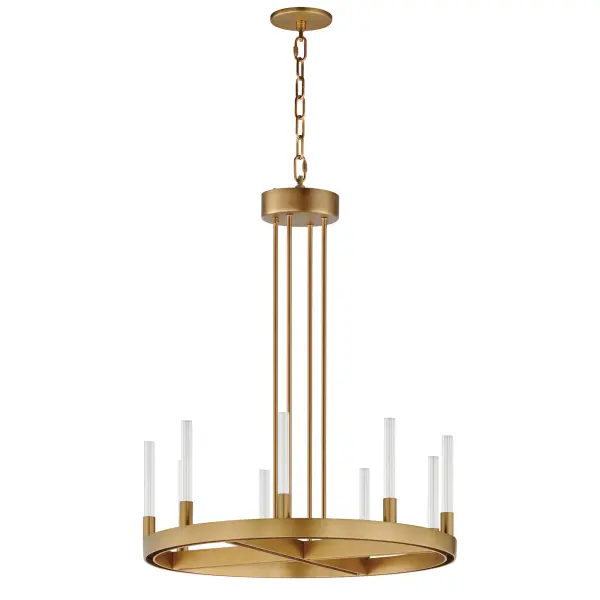 A modern tribute to the wheel chandelier, the Ovation collection integrates LED technology for a dazzling lighting effect. The LED light produces a shimmering lighting effect along the tall and narrow fluted glass shades adding celebratory effervescence. The expansive diameters of the rings join at the center in equipoise using four down rods to suspend the frame. Mount the chandelier from the collector or make use of additional chain supplied to extend the height with ease. Additional sconces with up and down lighting complete the design. Available in Brushed Brass or Black, the collection toasts a classic design creating an elegant statement. Collection: Ovation Finish: Gold Glass: Clear Ribbed Width: 23.50" Height: 26.50" Length: 23.50" Weight: 13.25 lb Chain: 36" Wire: 120" Canopy: 4.75"x4.75"x0.5" Bulbs Included Number of Bulbs: 9 Maximum Wattage: 2.00 W Bulb Type: LED Bulb Base: Integrated Light Source: LED Light Output: 900.00 lm Color Temperature: 3000 K CRI: 90 Rated Average Life: 50000 Voltage: 120.00 V Material: Steel, Ribbed Glass Safety Rating: Dry LED Spec Sheet Instructions