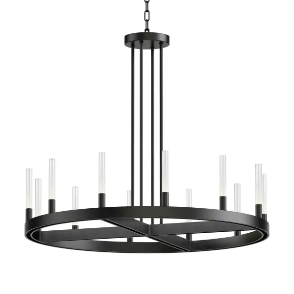 A modern tribute to the wheel chandelier, the Ovation collection integrates LED technology for a dazzling lighting effect. The LED light produces a shimmering lighting effect along the tall and narrow fluted glass shades adding celebratory effervescence. The expansive diameters of the rings join at the center in equipoise using four down rods to suspend the frame. Mount the chandelier from the collector or make use of additional chain supplied to extend the height with ease. Additional sconces with up and down lighting complete the design. Available in Brushed Brass or Black, the collection toasts a classic design creating an elegant statement.