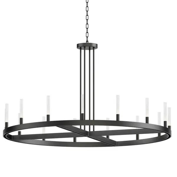 A modern tribute to the wheel chandelier, the Ovation collection integrates LED technology for a dazzling lighting effect. The LED light produces a shimmering lighting effect along the tall and narrow fluted glass shades adding celebratory effervescence. The expansive diameters of the rings join at the center in equipoise using four down rods to suspend the frame. Mount the chandelier from the collector or make use of additional chain supplied to extend the height with ease. Additional sconces with up and down lighting complete the design. Available in Brushed Brass or Black, the collection toasts a classic design creating an elegant statement.