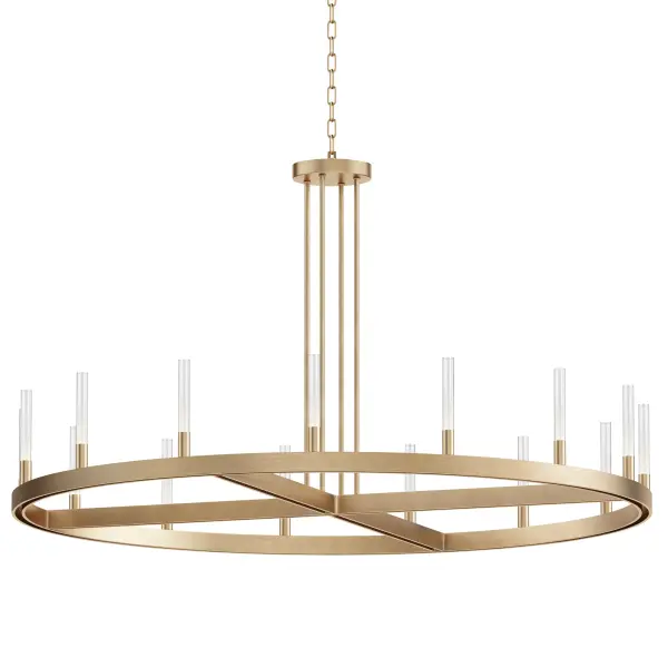 A modern tribute to the wheel chandelier, the Ovation collection integrates LED technology for a dazzling lighting effect. The LED light produces a shimmering lighting effect along the tall and narrow fluted glass shades adding celebratory effervescence. The expansive diameters of the rings join at the center in equipoise using four down rods to suspend the frame. Mount the chandelier from the collector or make use of additional chain supplied to extend the height with ease. Additional sconces with up and down lighting complete the design. Available in Brushed Brass or Black, the collection toasts a classic design creating an elegant statement. Collection: Ovation Finish: Gold Glass: Clear Ribbed Width: 47.00" Height: 24.35" Length: 47.00" Weight: 20.90 lb Chain: 36" Wire: 120" Canopy: 5.75"x5.75"x1.5" Bulbs Included Number of Bulbs: 15 Maximum Wattage: 2.00 W Bulb Type: PCB Bulb Base: PCB Integrated Light Source: LED Light Output: 2120.00 lm Color Temperature: 3000 K CRI: 90 Dimmable Rated Average Life: 50000 Voltage: 120.00 V Material: Aluminum, Steel, Glass Safety Listing: cETLus Safety Rating: Dry LED Spec Sheet Instructions