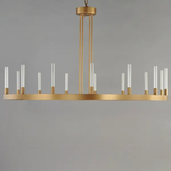 A modern tribute to the wheel chandelier, the Ovation collection integrates LED technology for a dazzling lighting effect. The LED light produces a shimmering lighting effect along the tall and narrow fluted glass shades adding celebratory effervescence. The expansive diameters of the rings join at the center in equipoise using four down rods to suspend the frame. Mount the chandelier from the collector or make use of additional chain supplied to extend the height with ease. Additional sconces with up and down lighting complete the design. Available in Brushed Brass or Black, the collection toasts a classic design creating an elegant statement. Collection: Ovation Finish: Gold Glass: Clear Ribbed Width: 47.00" Height: 24.35" Length: 47.00" Weight: 20.90 lb Chain: 36" Wire: 120" Canopy: 5.75"x5.75"x1.5" Bulbs Included Number of Bulbs: 15 Maximum Wattage: 2.00 W Bulb Type: PCB Bulb Base: PCB Integrated Light Source: LED Light Output: 2120.00 lm Color Temperature: 3000 K CRI: 90 Dimmable Rated Average Life: 50000 Voltage: 120.00 V Material: Aluminum, Steel, Glass Safety Listing: cETLus Safety Rating: Dry LED Spec Sheet Instructions - alternate view