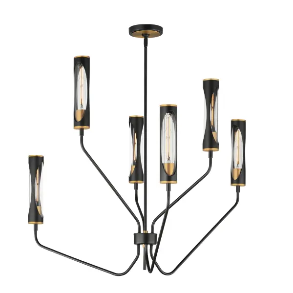 Glamourous and modern, this two-toned lighting collection plays with form and scale. A layered composition of materials, tubular lamps are protected within glass tubes sheathed in metal shades with oval cut-outs that reveal the light source. Chandelier Arms extend in elongated, uneven heights while the sconces are over-scaled for dramatic applications. Available in contrasting finish combinations of Light French Grey with Natural Aged Brass or Matte Black with Antique Brass, the vibrant color palette plays with contrast and exudes luxury.