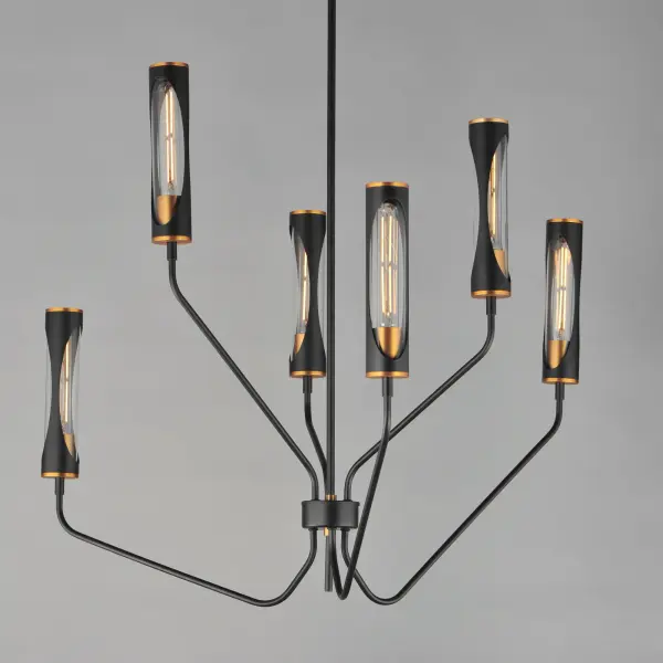 Glamourous and modern, this two-toned lighting collection plays with form and scale. A layered composition of materials, tubular lamps are protected within glass tubes sheathed in metal shades with oval cut-outs that reveal the light source. Chandelier Arms extend in elongated, uneven heights while the sconces are over-scaled for dramatic applications. Available in contrasting finish combinations of Light French Grey with Natural Aged Brass or Matte Black with Antique Brass, the vibrant color palette plays with contrast and exudes luxury. - alternate view