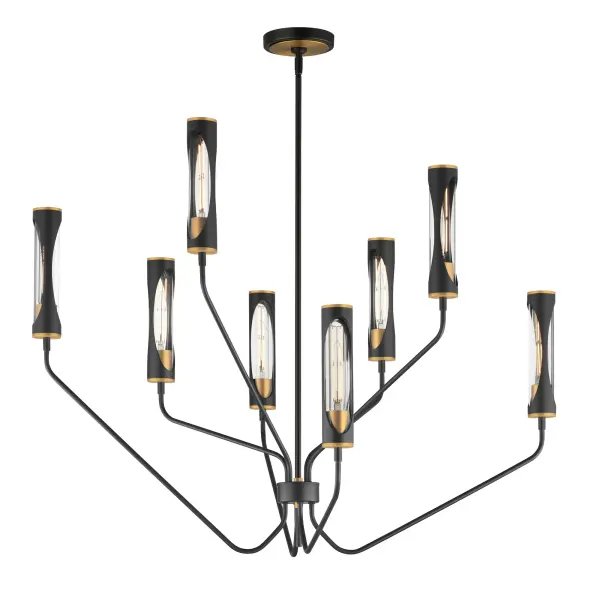Glamourous and modern, this two-toned lighting collection plays with form and scale. A layered composition of materials, tubular lamps are protected within glass tubes sheathed in metal shades with oval cut-outs that reveal the light source. Chandelier Arms extend in elongated, uneven heights while the sconces are over-scaled for dramatic applications. Available in contrasting finish combinations of Light French Grey with Natural Aged Brass or Matte Black with Antique Brass, the vibrant color palette plays with contrast and exudes luxury.