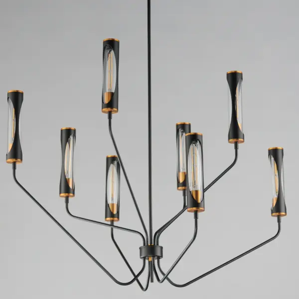 Glamourous and modern, this two-toned lighting collection plays with form and scale. A layered composition of materials, tubular lamps are protected within glass tubes sheathed in metal shades with oval cut-outs that reveal the light source. Chandelier Arms extend in elongated, uneven heights while the sconces are over-scaled for dramatic applications. Available in contrasting finish combinations of Light French Grey with Natural Aged Brass or Matte Black with Antique Brass, the vibrant color palette plays with contrast and exudes luxury. - alternate view
