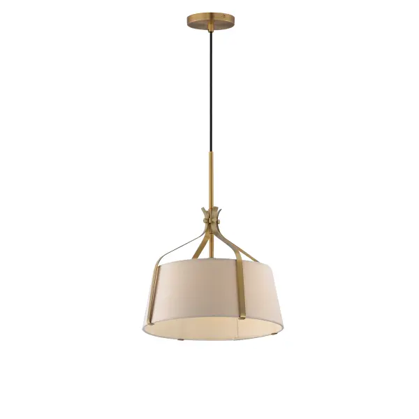 Inspired by timeless tailoring and architectural form, the Bandera collection reimagines the classic fabric shade pendant with refined, sculptural detail. A gracefully flared metal yoke suspends an elegant linen shade--offered in either Oatmeal with Dark Bronze or crisp White with Natural Aged Brass. A matching fabric diffuser on the larger pendants creates a soft, ambient glow ideal for dining areas, bedrooms, and entry spaces. The coordinating wall sconce extends the tailored aesthetic to more intimate settings, perfect for bedside or hallway installations. Balancing crisp geometry with warm texture, Bandera brings an elevated, transitional presence to interiors. Collection: Bandera Finish: Natural Aged Brass Width: 14.50" Height: 18.50" Length: 14.50" Weight: 3.20 lb Wire: 120" Canopy: 5"x5"x0.75" Number of Bulbs: 1 Maximum Wattage: 60.00 W Bulb Type: E26 Bulb Base: E26 Medium Light Source: Incandescent Voltage: 120.00 V Material: Steel,Cloth Safety Listing: cETLus Safety Rating: Dry Manufacturer Warranty: 3 Spec Sheet Instructions