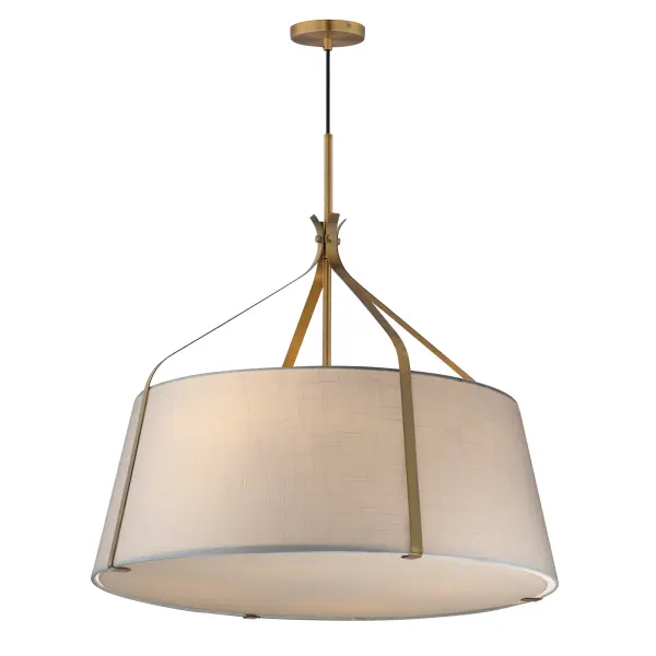Inspired by timeless tailoring and architectural form, the Bandera collection reimagines the classic fabric shade pendant with refined, sculptural detail. A gracefully flared metal yoke suspends an elegant linen shade--offered in either Oatmeal with Dark Bronze or crisp White with Natural Aged Brass. A matching fabric diffuser on the larger pendants creates a soft, ambient glow ideal for dining areas, bedrooms, and entry spaces. The coordinating wall sconce extends the tailored aesthetic to more intimate settings, perfect for bedside or hallway installations. Balancing crisp geometry with warm texture, Bandera brings an elevated, transitional presence to interiors. Collection: Bandera Finish: Natural Aged Brass Width: 31.00" Height: 30.50" Length: 31.00" Weight: 16.20 lb Wire: 120" Canopy: 5"x5"x0.75" Number of Bulbs: 4 Maximum Wattage: 60.00 W Bulb Type: E26 Bulb Base: E26 Medium Light Source: Incandescent Voltage: 120.00 V Material: Steel,Cloth Safety Listing: cETLus Safety Rating: Dry Manufacturer Warranty: 3 Spec Sheet Instructions