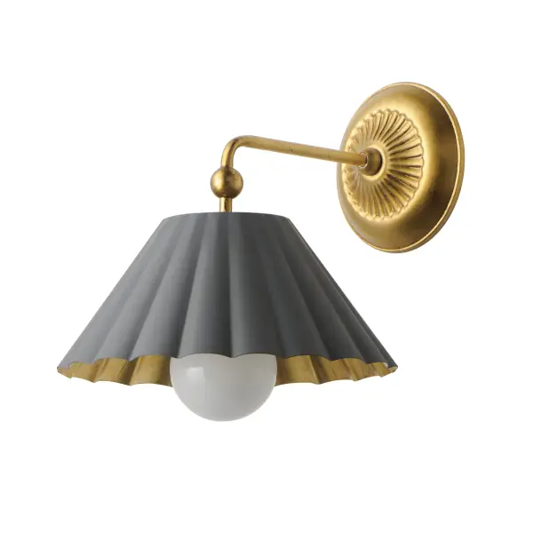 This refreshing collection features the nostalgic detailing of scalloped metal shades with gold leaf interiors. The hand applied gold-leaf interiors reflect the light source within the shades casting a warmer glow downwards. The collection is offered in charming chain hung pendants, a flush mount with Opal White schoolhouse glass, or oversized sconces. Available in Matte Black, Matte White, or Dark Grey with Gold leaf interiors and metalwork. Collection: Primrose Finish: Dark Grey / Gold Leaf Width: 10.00" Height: 11.00" Weight: 3.20 lb Extension from Wall: 12.00" Wire: 8" Canopy: 5.25"x5.25" Number of Bulbs: 1 Maximum Wattage: 60.00 W Bulb Type: E26 Bulb Base: E26 Medium Light Source: Incandescent Dimmable Voltage: 120.00 V Material: Steel Safety Listing: cETLus Safety Rating: Damp Spec Sheet Instructions