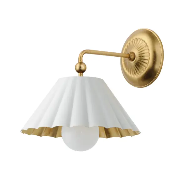 This refreshing collection features the nostalgic detailing of scalloped metal shades with gold leaf interiors. The hand applied gold-leaf interiors reflect the light source within the shades casting a warmer glow downwards. The collection is offered in charming chain hung pendants, a flush mount with Opal White schoolhouse glass, or oversized sconces. Available in Matte Black, Matte White, or Dark Grey with Gold leaf interiors and metalwork. Collection: Primrose Finish: Matte White / Gold Leaf Width: 10.00" Height: 11.00" Weight: 3.20 lb Extension from Wall: 12.00" Wire: 8" Canopy: 5.25"x5.25" Number of Bulbs: 1 Maximum Wattage: 60.00 W Bulb Type: E26 Bulb Base: E26 Medium Light Source: Incandescent Dimmable Voltage: 120.00 V Material: Steel Safety Listing: cETLus Safety Rating: Damp Spec Sheet Instructions