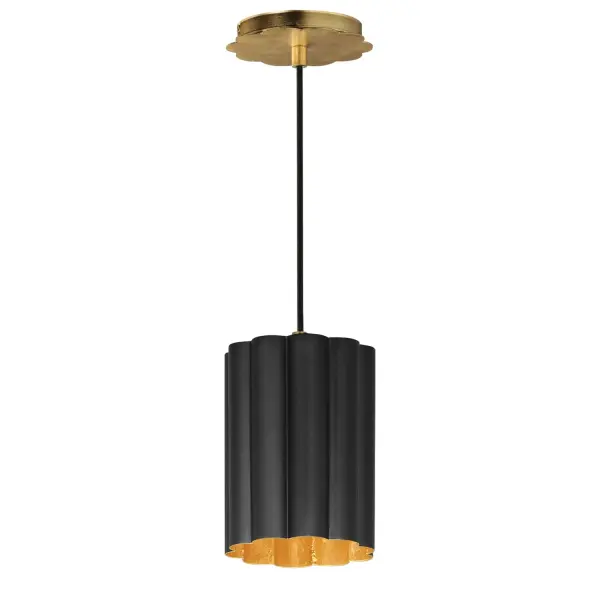 This refreshing collection features the nostalgic detailing of scalloped metal shades with gold leaf interiors. The hand applied gold-leaf interiors reflect the light source within the shades casting a warmer glow downwards. The collection is offered in charming chain hung pendants, a flush mount with Opal White schoolhouse glass, or oversized sconces. Available in Matte Black, Matte White, or Dark Grey with Gold leaf interiors and metalwork. Collection: Primrose Finish: Gold Leaf Width: 6.00" Height: 8.75" Length: 6.00" Weight: 4.20 lb Wire: 120" Canopy: 5"x5"x0.75" Number of Bulbs: 1 Maximum Wattage: 60.00 W Bulb Base: E26 Medium Light Source: Incandescent Voltage: 120.00 V Material: Steel Safety Listing: cETLus Manufacturer Warranty: 3 Spec Sheet