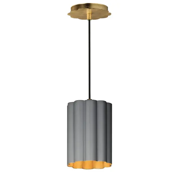 This refreshing collection features the nostalgic detailing of scalloped metal shades with gold leaf interiors. The hand applied gold-leaf interiors reflect the light source within the shades casting a warmer glow downwards. The collection is offered in charming chain hung pendants, a flush mount with Opal White schoolhouse glass, or oversized sconces. Available in Matte Black, Matte White, or Dark Grey with Gold leaf interiors and metalwork. Collection: Primrose Finish: Gold Leaf Width: 6.00" Height: 8.75" Length: 6.00" Weight: 4.20 lb Wire: 120" Canopy: 5"x5"x0.75" Number of Bulbs: 1 Maximum Wattage: 60.00 W Bulb Base: E26 Medium Light Source: Incandescent Voltage: 120.00 V Material: Steel Safety Listing: cETLus Manufacturer Warranty: 3 Spec Sheet