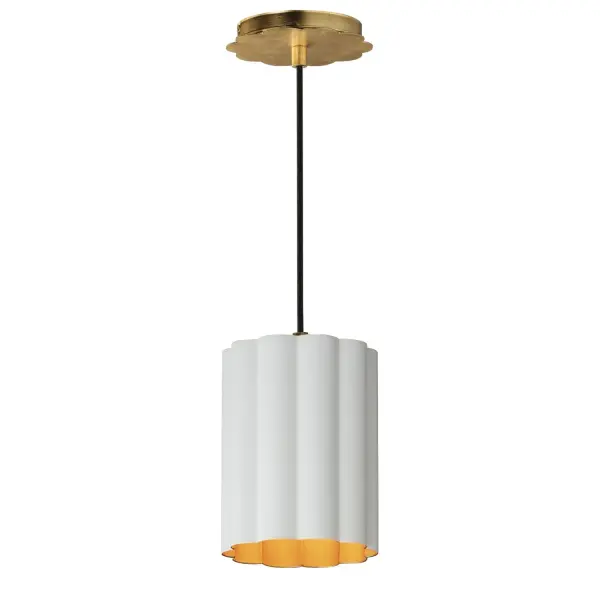 This refreshing collection features the nostalgic detailing of scalloped metal shades with gold leaf interiors. The hand applied gold-leaf interiors reflect the light source within the shades casting a warmer glow downwards. The collection is offered in charming chain hung pendants, a flush mount with Opal White schoolhouse glass, or oversized sconces. Available in Matte Black, Matte White, or Dark Grey with Gold leaf interiors and metalwork. Collection: Primrose Finish: Gold Leaf Width: 6.00" Height: 8.75" Length: 6.00" Weight: 4.20 lb Wire: 120" Canopy: 5"x5"x0.75" Number of Bulbs: 1 Maximum Wattage: 60.00 W Bulb Base: E26 Medium Light Source: Incandescent Voltage: 120.00 V Material: Steel Safety Listing: cETLus Manufacturer Warranty: 3 Spec Sheet