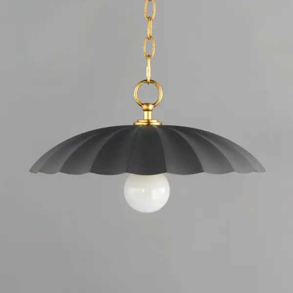 This refreshing collection features the nostalgic detailing of scalloped metal shades with gold leaf interiors. The hand applied gold-leaf interiors reflect the light source within the shades casting a warmer glow downwards. The collection is offered in charming chain hung pendants, a flush mount with Opal White schoolhouse glass, or oversized sconces. Available in Matte Black, Matte White, or Dark Grey with Gold leaf interiors and metalwork. Collection: Primrose Finish: Dark Grey / Gold Leaf Width: 16.00" Height: 9.00" Length: 16.00" Weight: 3.40 lb Chain: 36" Wire: 120" Canopy: 5.25"x5.25"x1.25" Number of Bulbs: 1 Maximum Wattage: 60.00 W Bulb Type: E26 Bulb Base: E26 Medium Light Source: Incandescent Dimmable Voltage: 120.00 V Material: Steel Safety Listing: cETLus Safety Rating: Dry Spec Sheet Instructions - alternate view