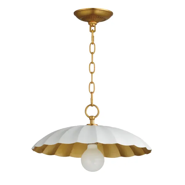 This refreshing collection features the nostalgic detailing of scalloped metal shades with gold leaf interiors. The hand applied gold-leaf interiors reflect the light source within the shades casting a warmer glow downwards. The collection is offered in charming chain hung pendants, a flush mount with Opal White schoolhouse glass, or oversized sconces. Available in Matte Black, Matte White, or Dark Grey with Gold leaf interiors and metalwork. Collection: Primrose Finish: Matte White / Gold Leaf Width: 16.00" Height: 9.00" Length: 16.00" Weight: 3.40 lb Chain: 36" Wire: 120" Canopy: 5.25"x5.25"x1.25" Number of Bulbs: 1 Maximum Wattage: 60.00 W Bulb Type: E26 Bulb Base: E26 Medium Light Source: Incandescent Dimmable Voltage: 120.00 V Material: Steel Safety Listing: cETLus Safety Rating: Dry Spec Sheet Instructions