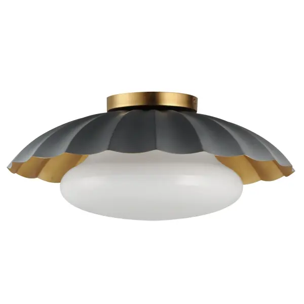This refreshing collection features the nostalgic detailing of scalloped metal shades with gold leaf interiors. The hand applied gold-leaf interiors reflect the light source within the shades casting a warmer glow downwards. The collection is offered in charming chain hung pendants, a flush mount with Opal White schoolhouse glass, or oversized sconces. Available in Matte Black, Matte White, or Dark Grey with Gold leaf interiors and metalwork. Collection: Primrose Finish: Dark Grey / Gold Leaf Width: 16.00" Height: 6.75" Length: 16.00" Weight: 4.90 lb Wire: 8" Canopy: 5"x5"x0.75" Number of Bulbs: 1 Maximum Wattage: 60.00 W Bulb Type: E26 Bulb Base: E26 Medium Light Source: Incandescent Dimmable Voltage: 120.00 V Material: Steel, Glass Safety Listing: cETLus Safety Rating: Damp Spec Sheet Instructions