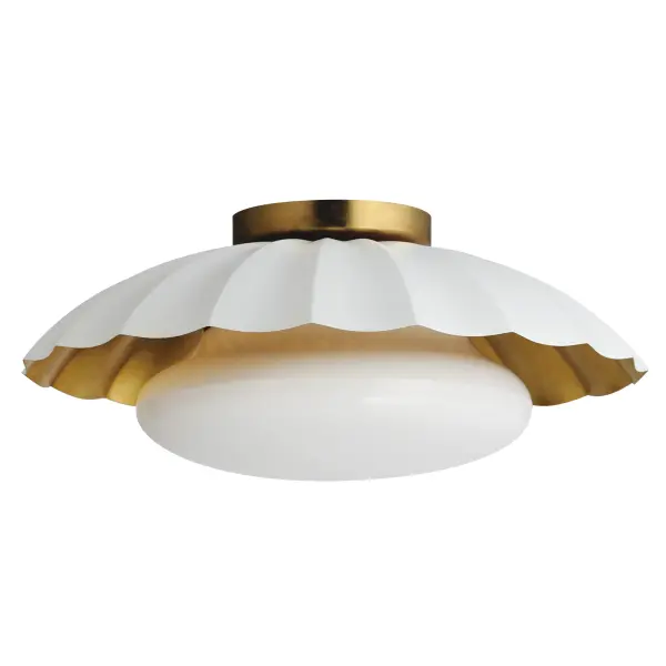 This refreshing collection features the nostalgic detailing of scalloped metal shades with gold leaf interiors. The hand applied gold-leaf interiors reflect the light source within the shades casting a warmer glow downwards. The collection is offered in charming chain hung pendants, a flush mount with Opal White schoolhouse glass, or oversized sconces. Available in Matte Black, Matte White, or Dark Grey with Gold leaf interiors and metalwork. Collection: Primrose Finish: Matte White / Gold Leaf Width: 16.00" Height: 6.75" Length: 16.00" Weight: 4.90 lb Wire: 8" Canopy: 5"x5"x0.75" Number of Bulbs: 1 Maximum Wattage: 60.00 W Bulb Type: E26 Bulb Base: E26 Medium Light Source: Incandescent Dimmable Voltage: 120.00 V Material: Steel, Glass Safety Listing: cETLus Safety Rating: Damp Spec Sheet Instructions