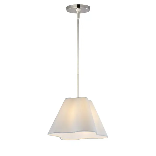 Collection: Saxon Finish: Polished Nickel Glass: White Width: 14.00" Height: 9.00" Length: 14.00" Weight: 2.86 lb Wire: 120" Canopy: 5"x5"x0.75" Number of Bulbs: 1 Maximum Wattage: 60.00 W Bulb Base: E26 Medium Light Source: Incandescent Voltage: 120.00 V Material: Steel,Fabric Safety Listing: cETLus Manufacturer Warranty: 3 Spec Sheet