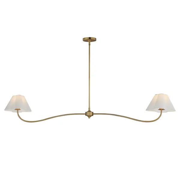 Collection: Saxon Finish: Natural Aged Brass Glass: White Width: 10.50" Height: 10.25" Length: 62.00" Weight: 5.15 lb Wire: 120" Canopy: 5"x5"x0.75" Number of Bulbs: 2 Maximum Wattage: 60.00 W Bulb Base: E26 Medium Light Source: Incandescent Voltage: 120.00 V Material: Steel,Fabric Safety Listing: cETLus Manufacturer Warranty: 3 Spec Sheet