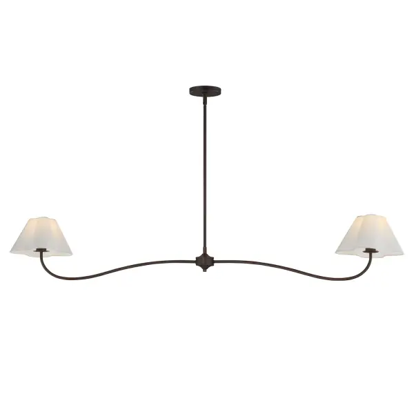 Collection: Saxon Finish: Oil Rubbed Bronze Glass: White Width: 10.50" Height: 10.25" Length: 62.00" Weight: 5.15 lb Wire: 120" Canopy: 5"x5"x0.75" Number of Bulbs: 2 Maximum Wattage: 60.00 W Bulb Base: E26 Medium Light Source: Incandescent Voltage: 120.00 V Material: Steel,Fabric Safety Listing: cETLus Manufacturer Warranty: 3 Spec Sheet