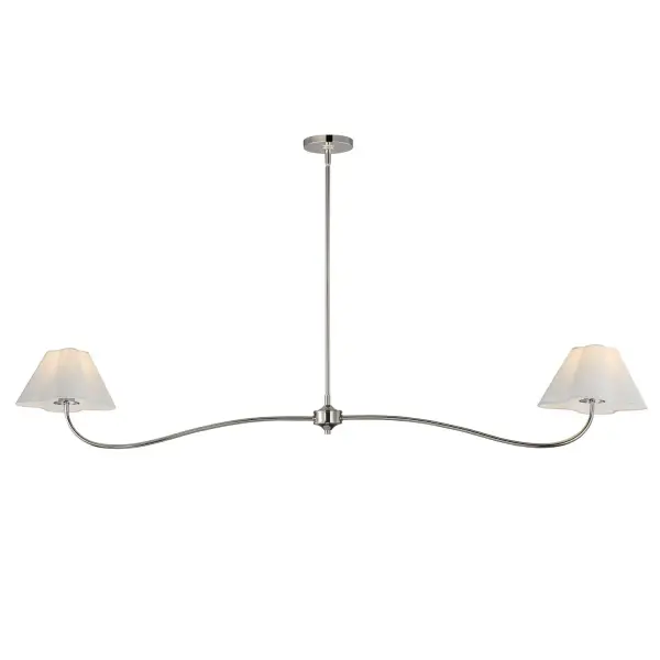 Collection: Saxon Finish: Polished Nickel Glass: White Width: 10.50" Height: 10.25" Length: 62.00" Weight: 5.15 lb Wire: 120" Canopy: 5"x5"x0.75" Number of Bulbs: 2 Maximum Wattage: 60.00 W Bulb Base: E26 Medium Light Source: Incandescent Voltage: 120.00 V Material: Steel,Fabric Safety Listing: cETLus Manufacturer Warranty: 3 Spec Sheet