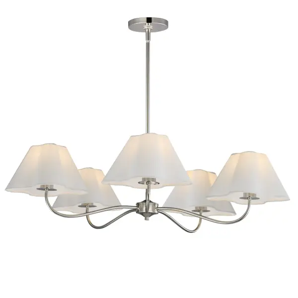 Collection: Saxon Finish: Polished Nickel Glass: White Width: 37.50" Height: 9.25" Length: 37.50" Weight: 6.82 lb Wire: 120" Canopy: 5"x5"x0.75" Number of Bulbs: 5 Maximum Wattage: 60.00 W Bulb Base: E26 Medium Light Source: Incandescent Voltage: 120.00 V Material: Steel,Fabric Safety Listing: cETLus Manufacturer Warranty: 3 Spec Sheet