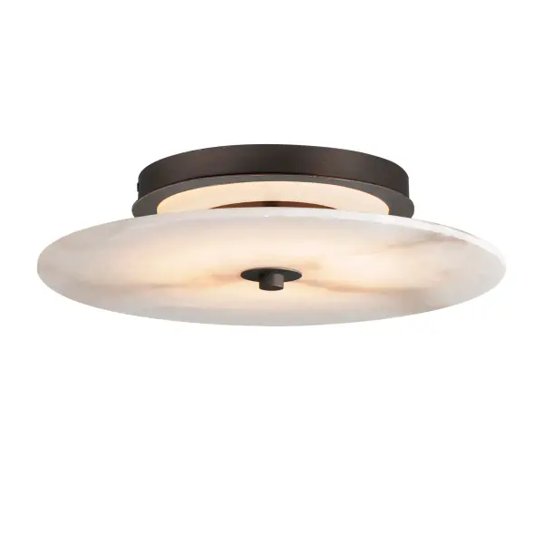 Modern in execution, the Quarry collection features natural Spanish alabaster in an iron frame finished in Darkened Bronze or Natural Aged Brass. Dedicated LED housing shine light on alabaster panels, highlighting the stone's beautiful, veined characteristics while also providing ambient lighting. These surface mounted fixtures are designed to install on either wall or ceiling surfaces.