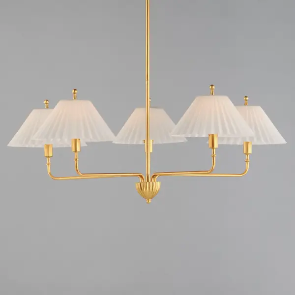 Touches of biophilic details and charming Satin White glass shades modeled on pleated fabric shades create elegant and approachable lighting fixtures. Finished in a rich hand-applied gold leaf, the elongated frame of the chandelier and upturned sconce takes on unique proportions. This collection was designed in collaboration with the eponymous design duo, Kismet House, whose style is embodied in the nostalgic details represented in the shapes, finishes, and overall concept. - alternate view