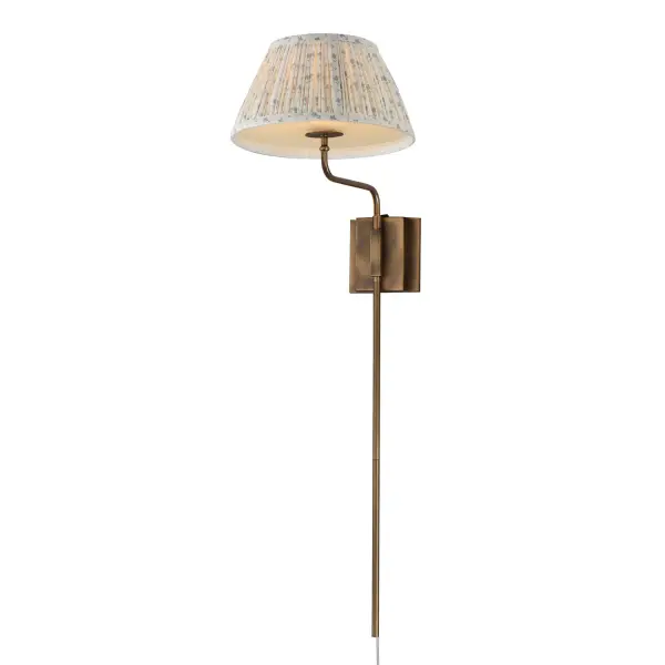 Collection: Dunbridge Finish: Weathered Brass Width: 12.00" Height: 39.25" Weight: 2.95 lb Extension from Wall: 15.00" Wire: 72" Canopy: 5"x3.25" Number of Bulbs: 1 Maximum Wattage: 60.00 W Bulb Base: E26 Medium Light Source: Incandescent Voltage: 120.00 V Material: Steel,Fabric.Glass Safety Listing: cETLus Manufacturer Warranty: 3 Spec Sheet
